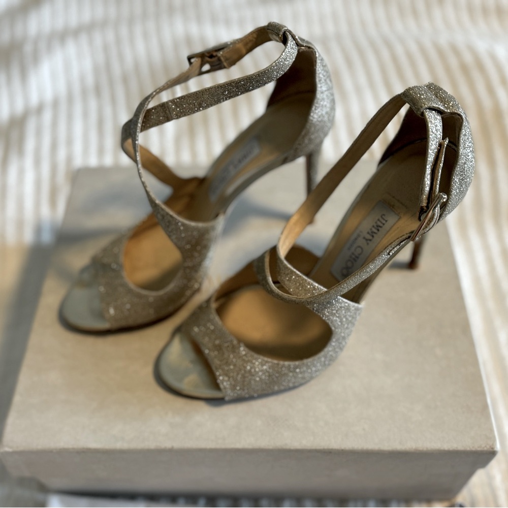 WORN ONCE Jimmy Choo Emily Platinum Dusty Ice Sandal size 8.5 (38.5 EU)